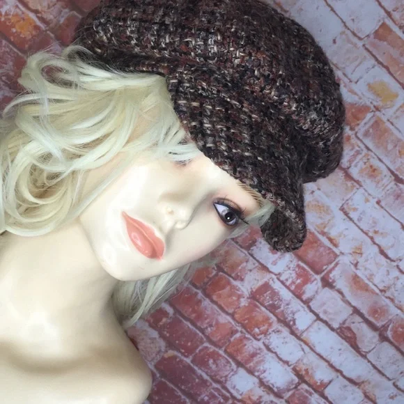 Vintage Scala Brushed Tweed Brown Tone Wool Blend Winter Newsboy Cabbie Hat - Picture 4 of 11